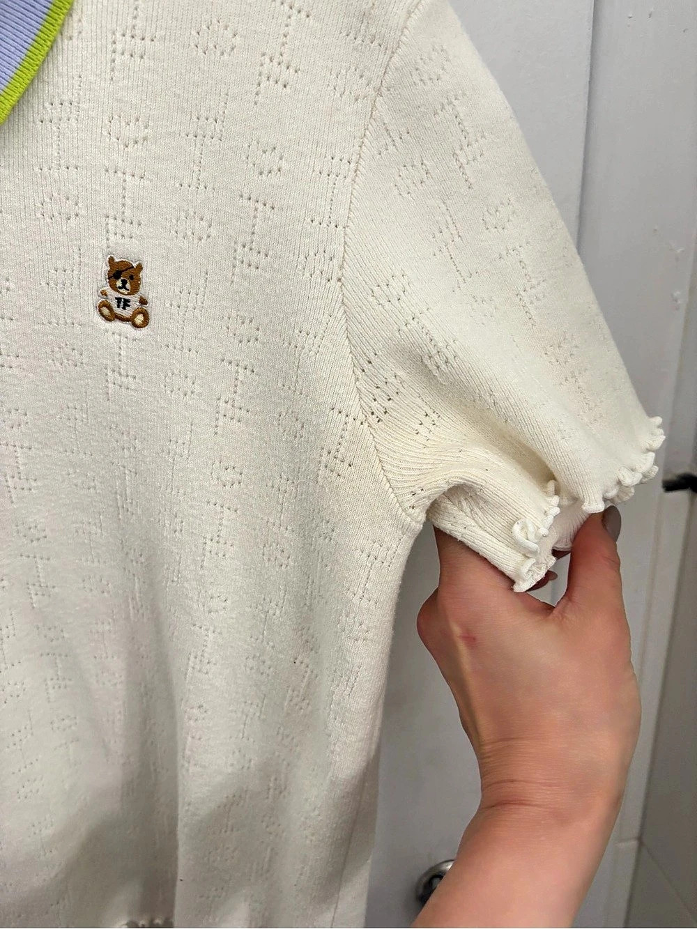 Teddy Fresh Knit Polo Top in Cream & Purple Size Small - Picture 4 of 6